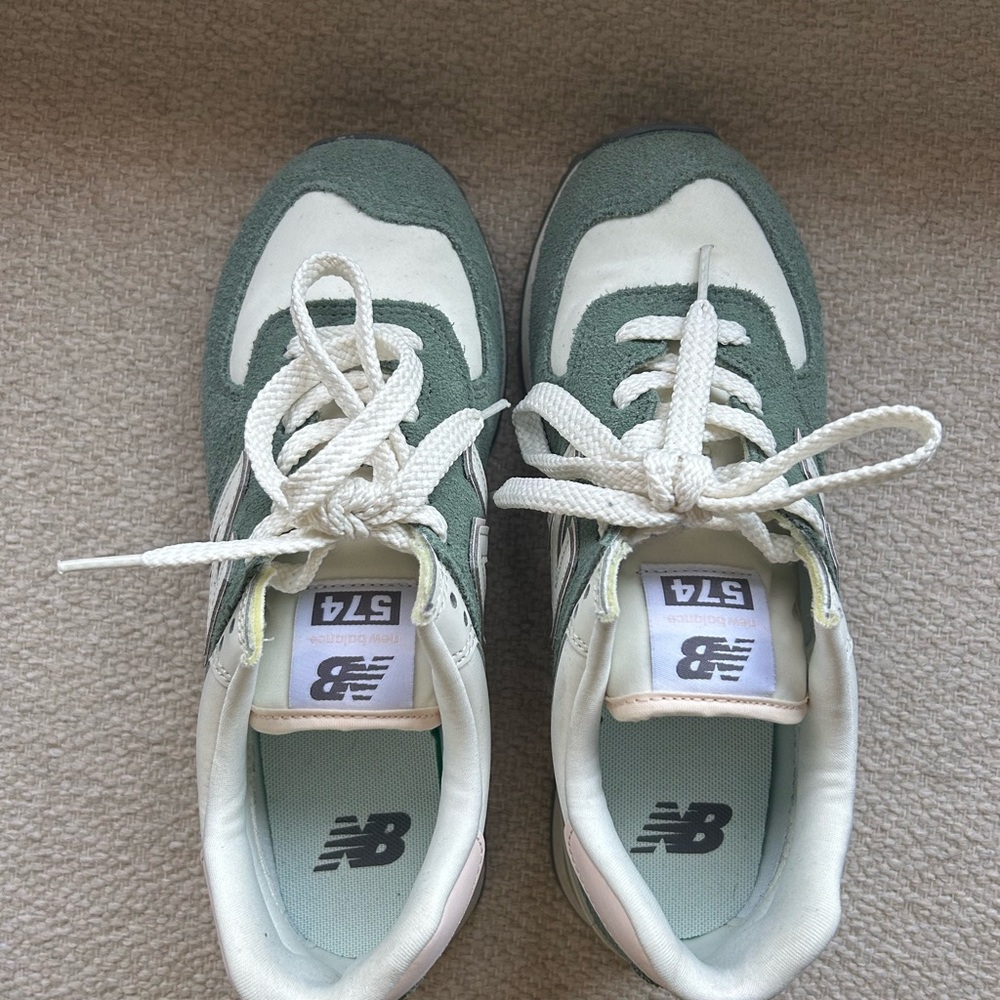 New Balance 574, green pink and white sneakers size women’s 7